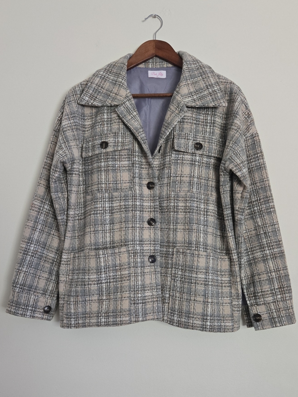 Pink Lily Plaid Button Jacket in Gray and Cream